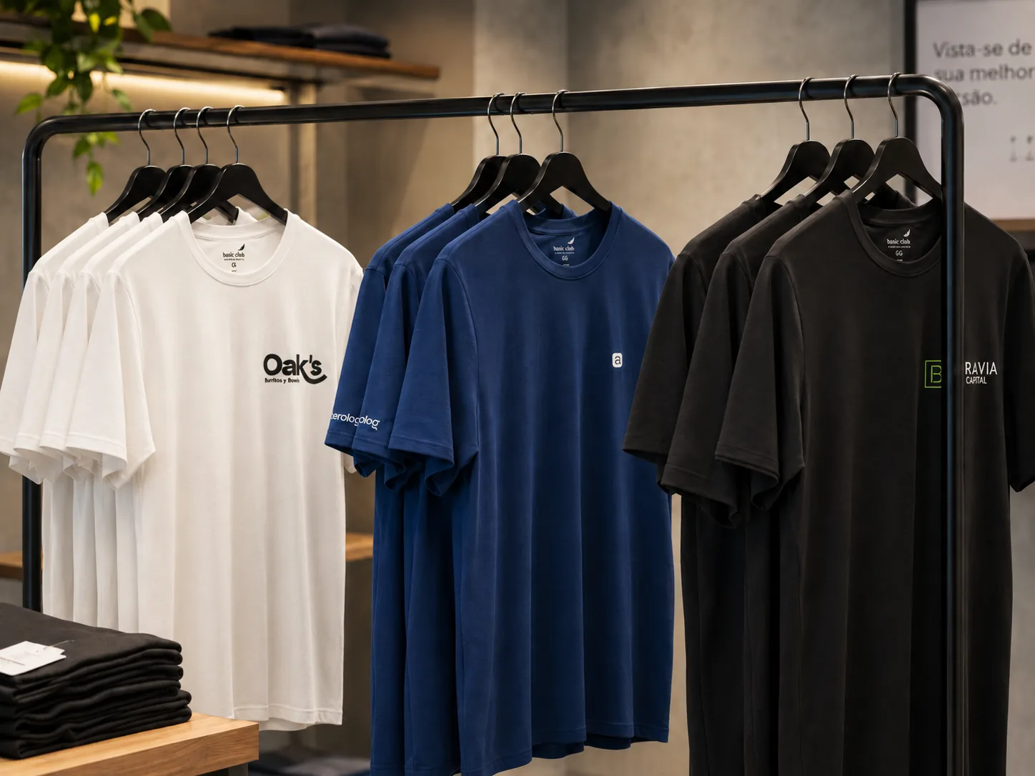 Arara com camisetas Basic Club personalizadas com as marcas de empresas clientes