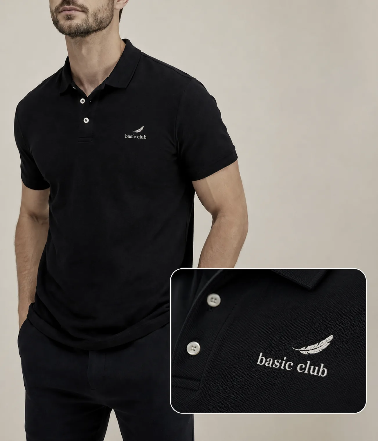 Modelo vestindo camiseta polo preta da Basic Club, com detalhe do logo bordado no peito
